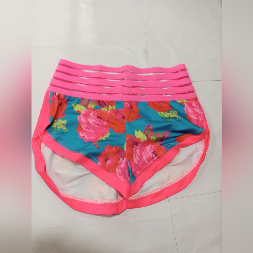 Floral Pink and Blue Women's Yoga Shorts New